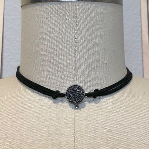 Black Chunky Strap Choker With Shimmery Sparkly Dark Grey Crystal Front Pendant
